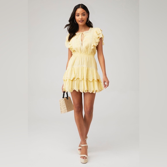LoveShackFancy Dresses & Skirts - LoveShackFancy Darryl Lace Trim Pale‎ Yellow Flutter Sleeve Ruffle Mini Dress